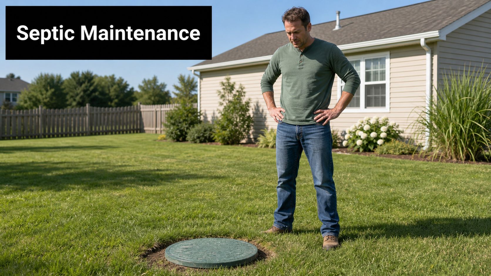 A man standing in his lawn looking down at a green septic tank cover in the grass.