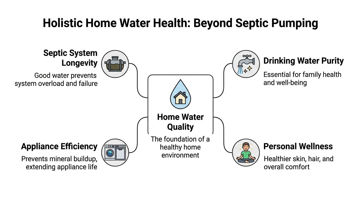 A diagram illustrating how holistic home water quality affects septic longevity, appliance efficiency, drinking water, and wellness.