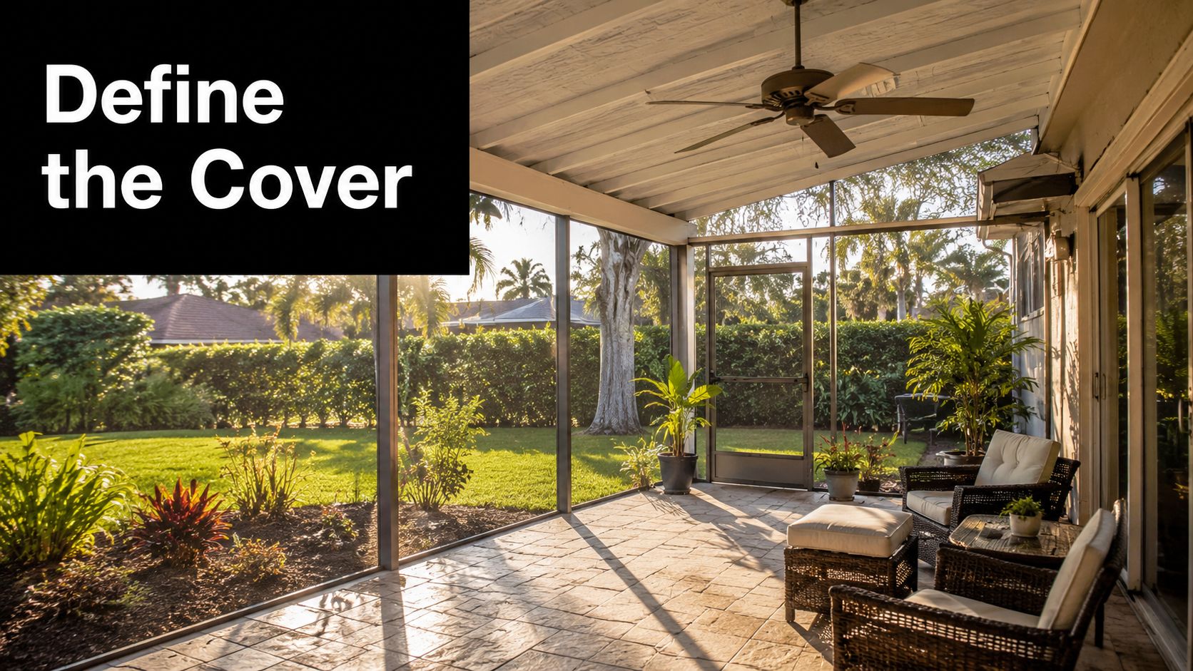 A serene screened-in back porch featuring outdoor furniture and a ceiling fan overlooking a lush backyard.