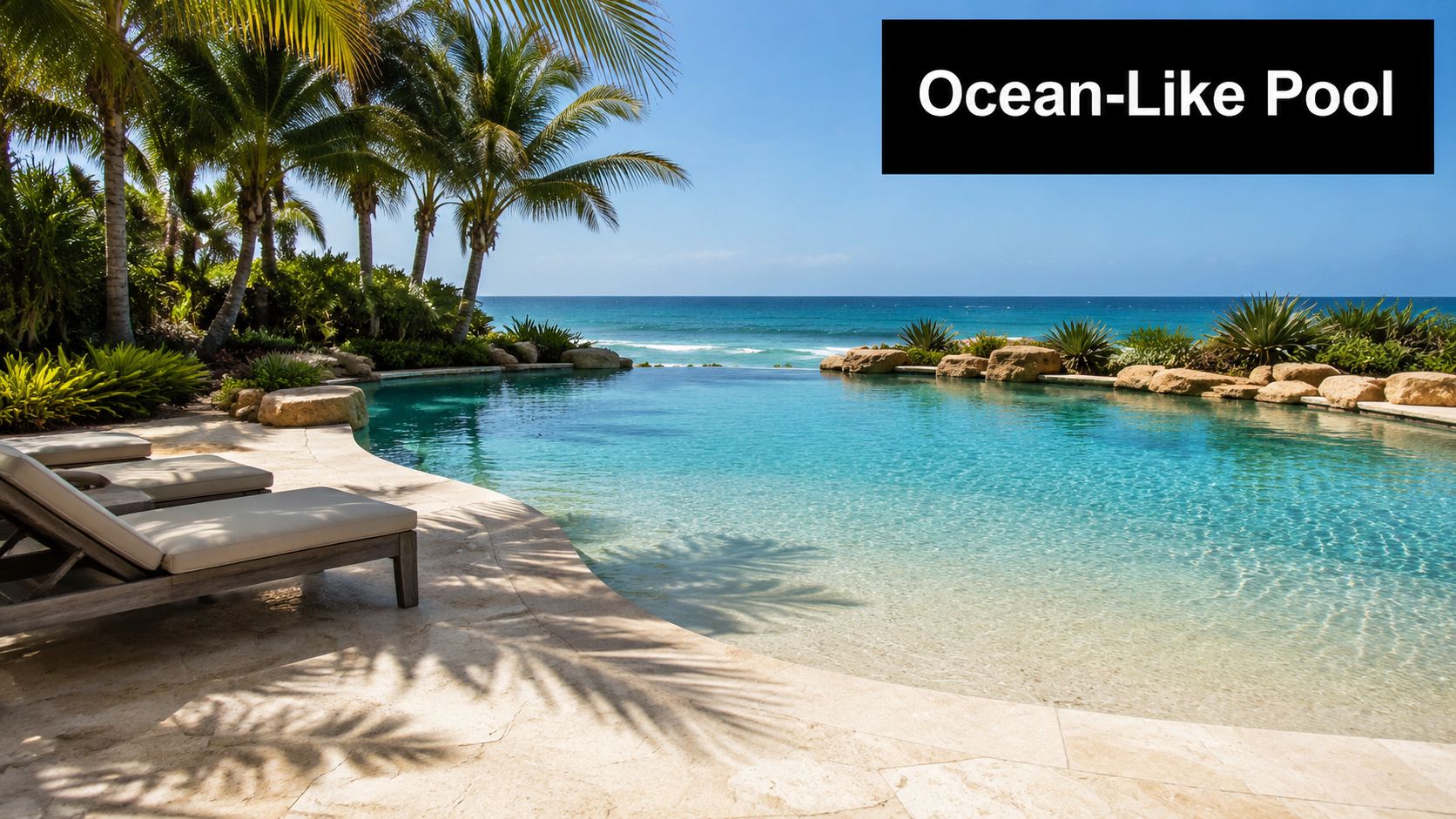 A luxurious infinity pool overlooking the ocean with palm trees and sun loungers on a stone deck.