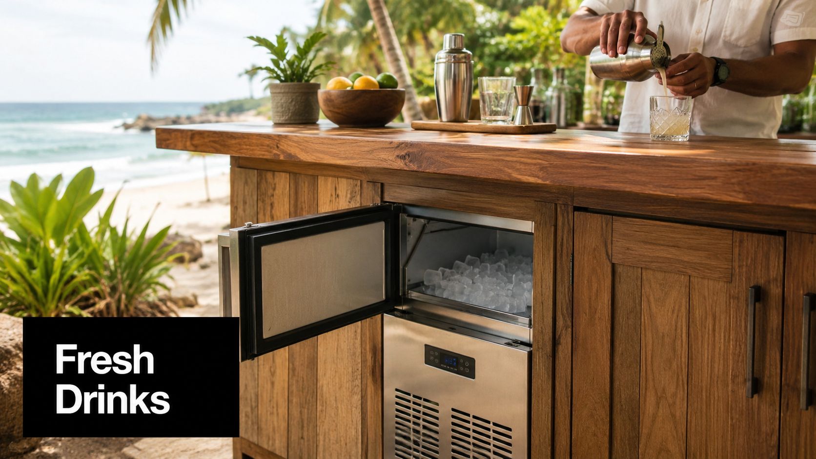 A person preparing a fresh cocktail at a beachside wooden bar with a built-in ice maker.