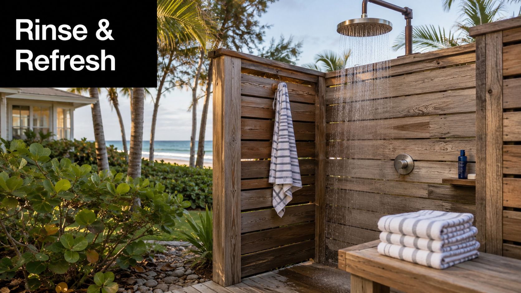 An outdoor shower with a wooden fence, towels, and tropical scenery overlooking the beach.