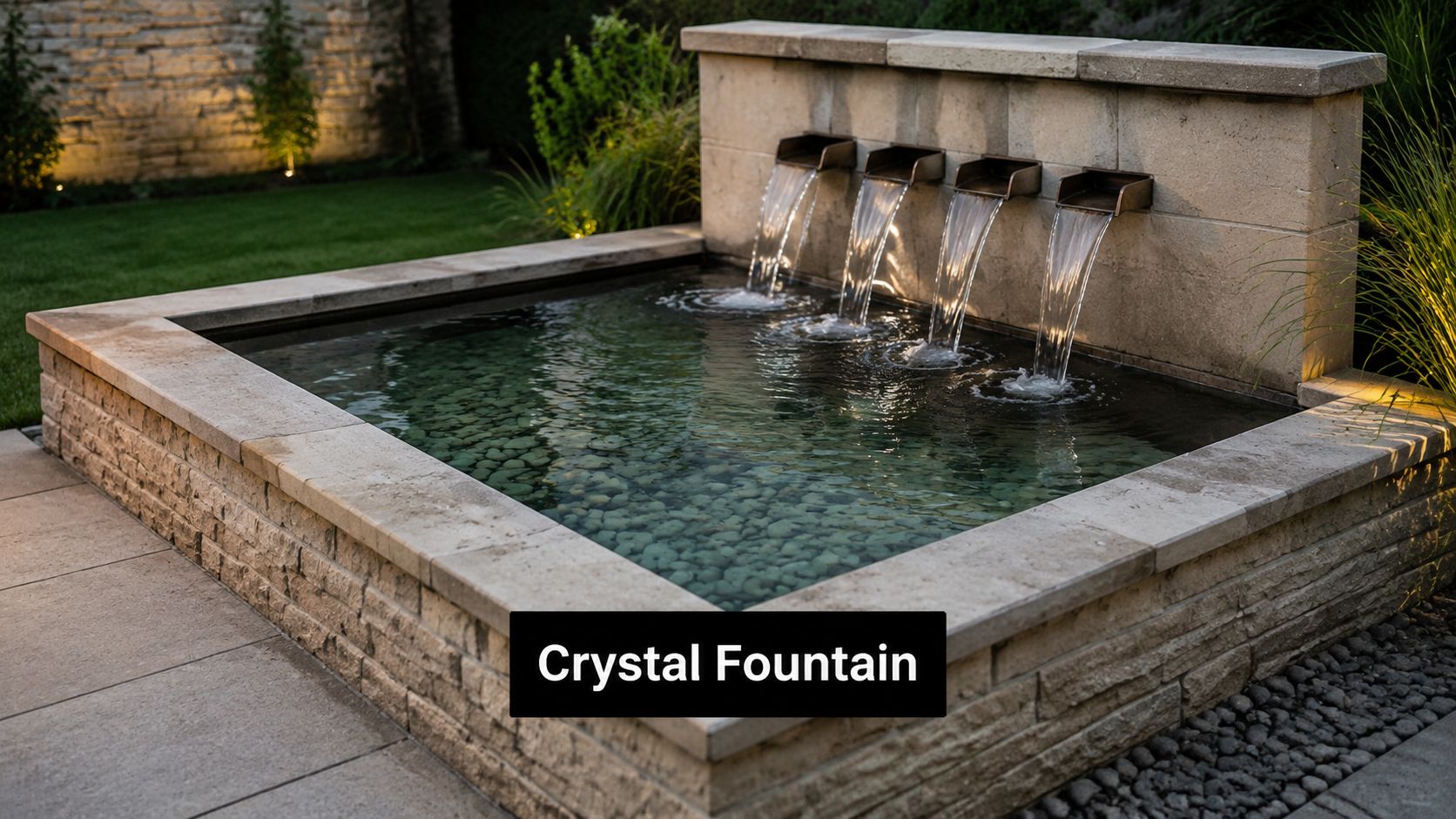 A modern stone water fountain feature with four cascading waterfall spouts in a peaceful backyard garden.