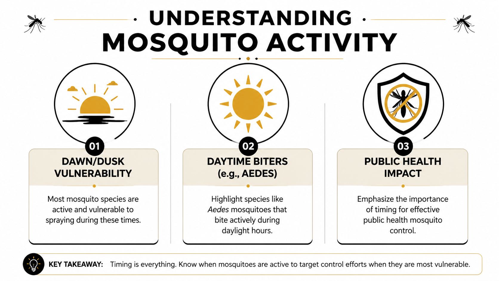An infographic titled Understanding Mosquito Activity explaining the best times to target mosquito control efforts.