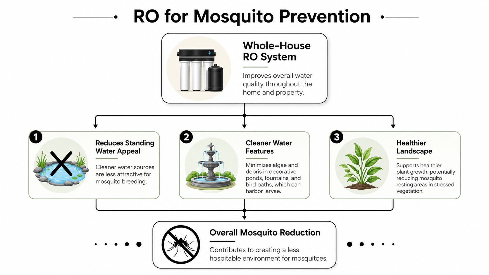 An infographic showing how a whole-house RO system aids in mosquito prevention through cleaner water and landscape.