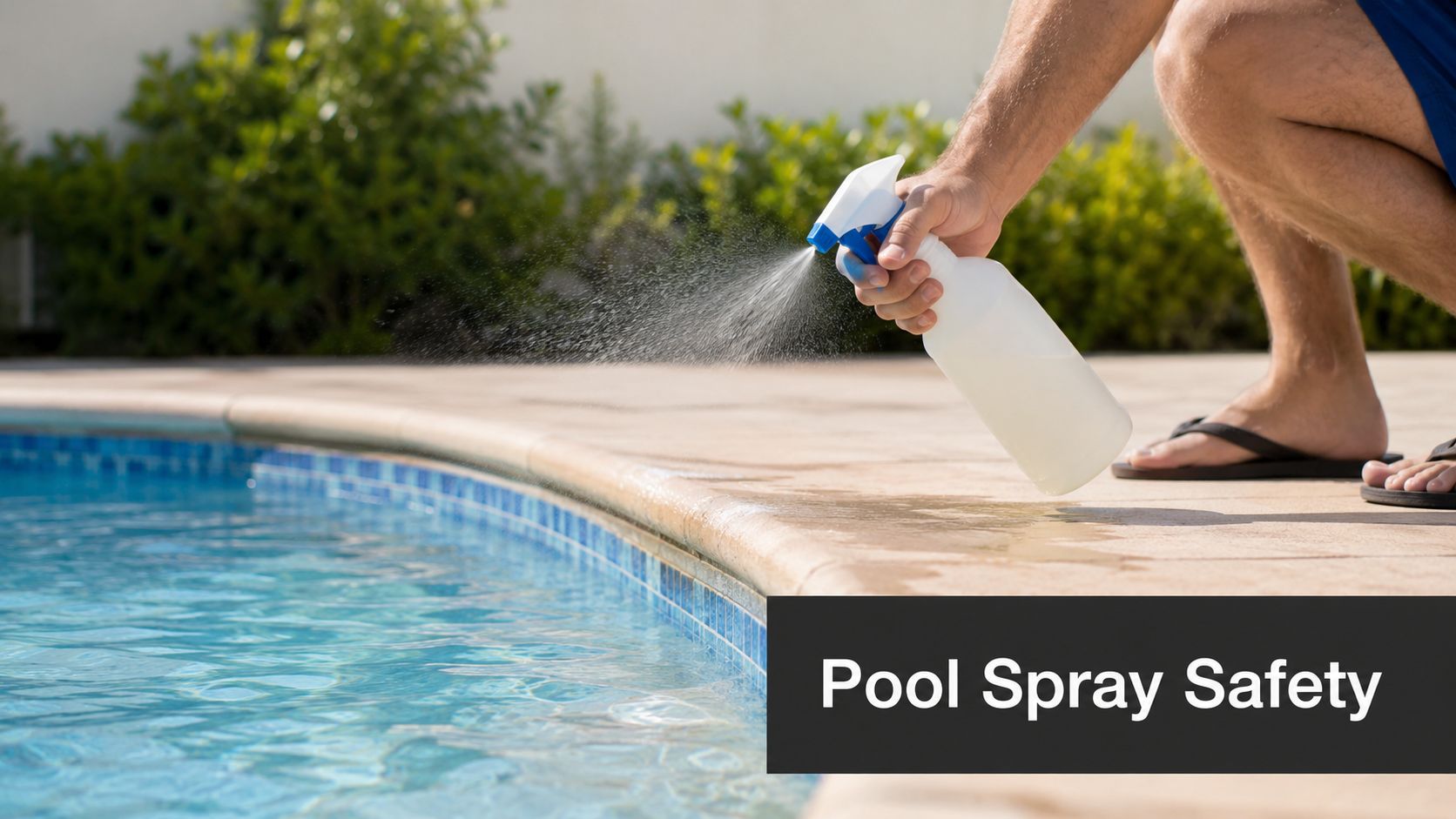 A person crouching by a swimming pool edge, applying a spray solution onto the pool deck surface.
