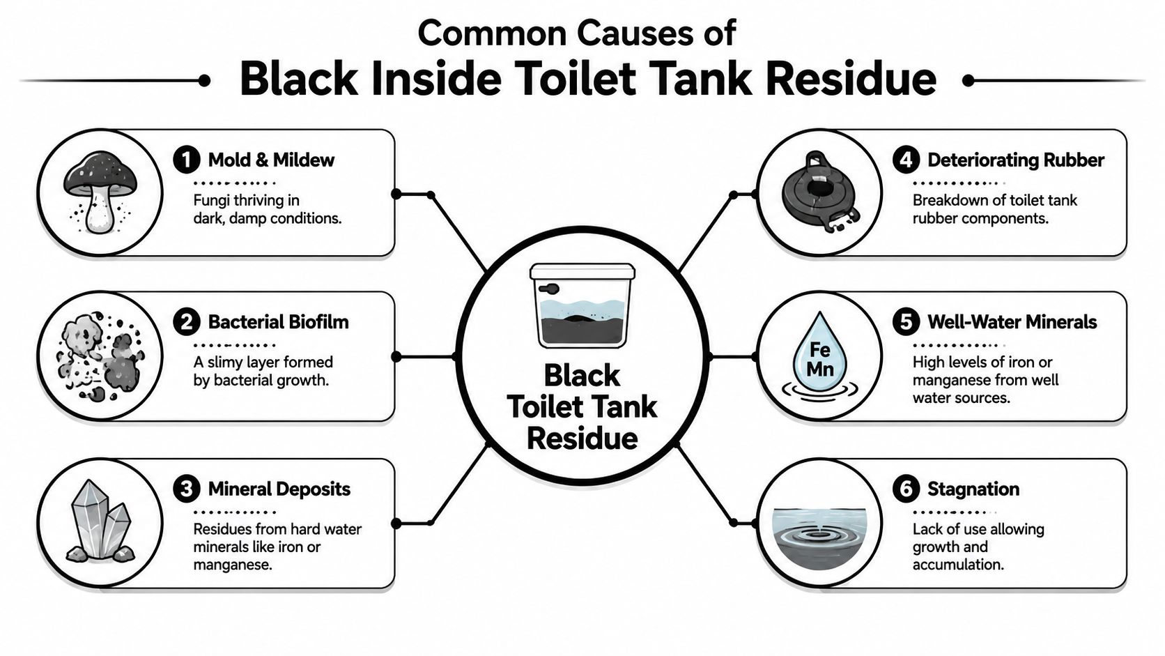 An infographic showing six common causes of black residue inside a toilet tank with descriptive icons.