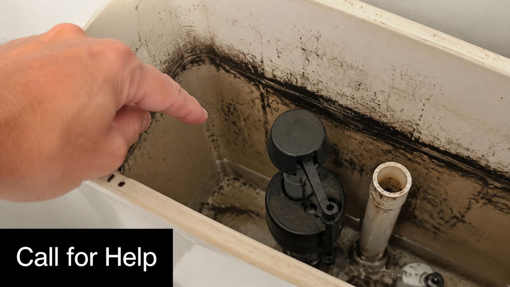 A person pointing to black mold and residue buildup inside a toilet tank needing maintenance.