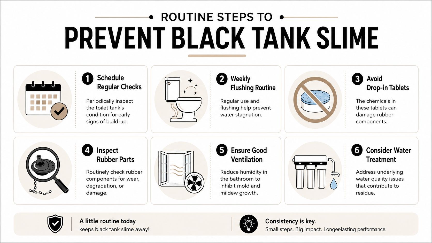 An infographic showing six routine steps to prevent black slime buildup inside a toilet tank.