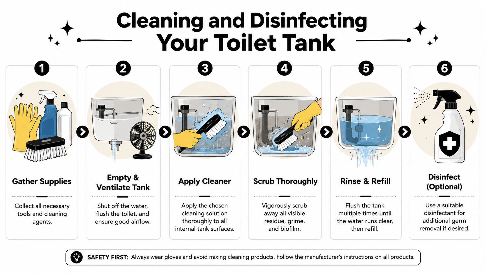 An instructional infographic demonstrating the six steps to clean and disinfect a toilet tank.