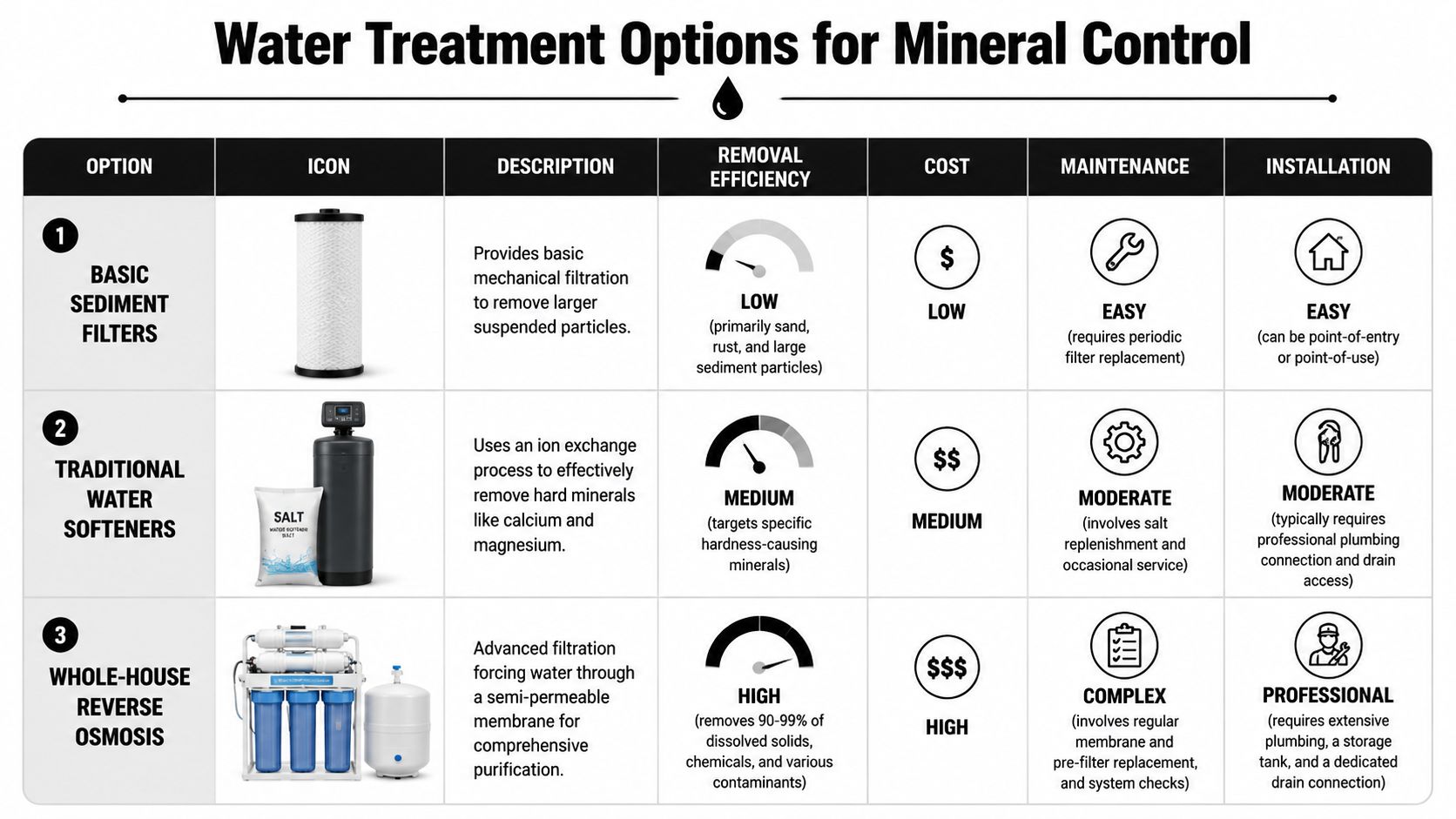 A chart comparing basic sediment filters, traditional water softeners, and whole-house reverse osmosis for mineral control.