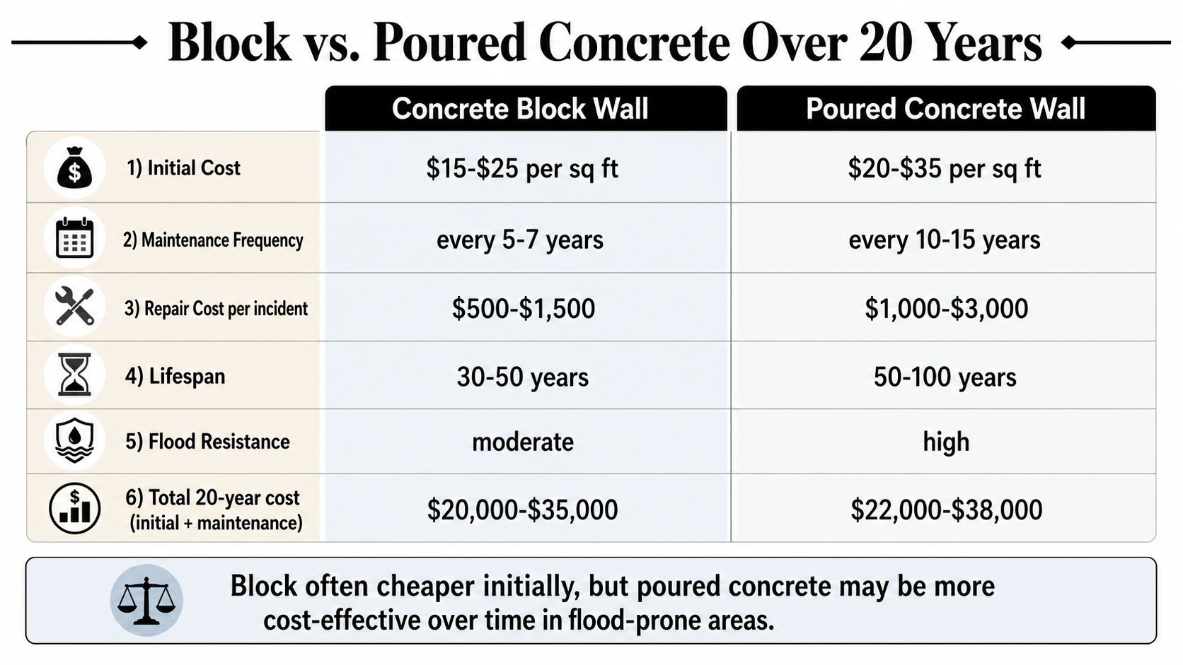 A comparison chart showing the costs and features of block versus poured concrete walls over twenty years.