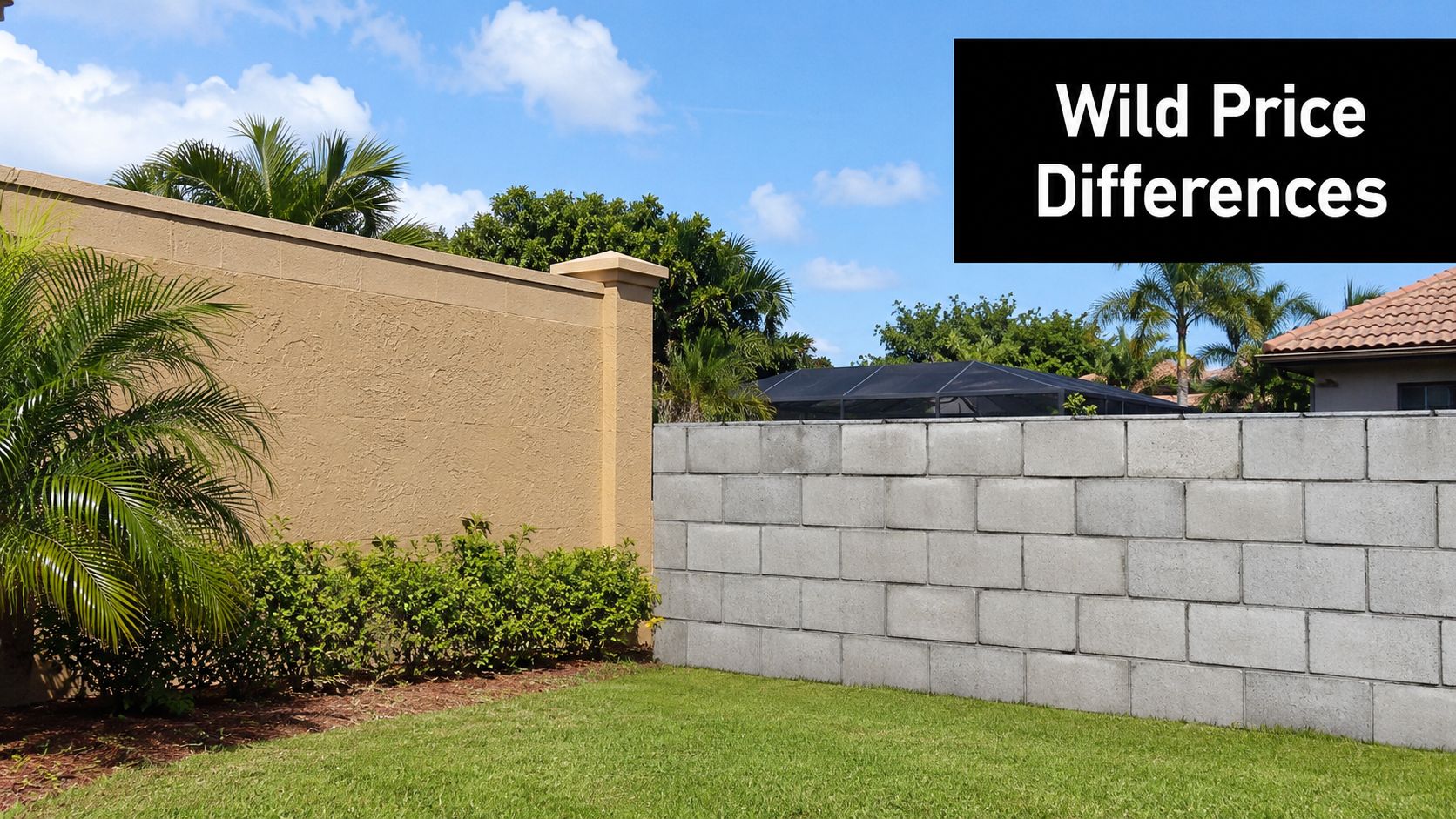 A side-by-side view comparing a finished stucco wall and an unfinished concrete block wall in a yard.