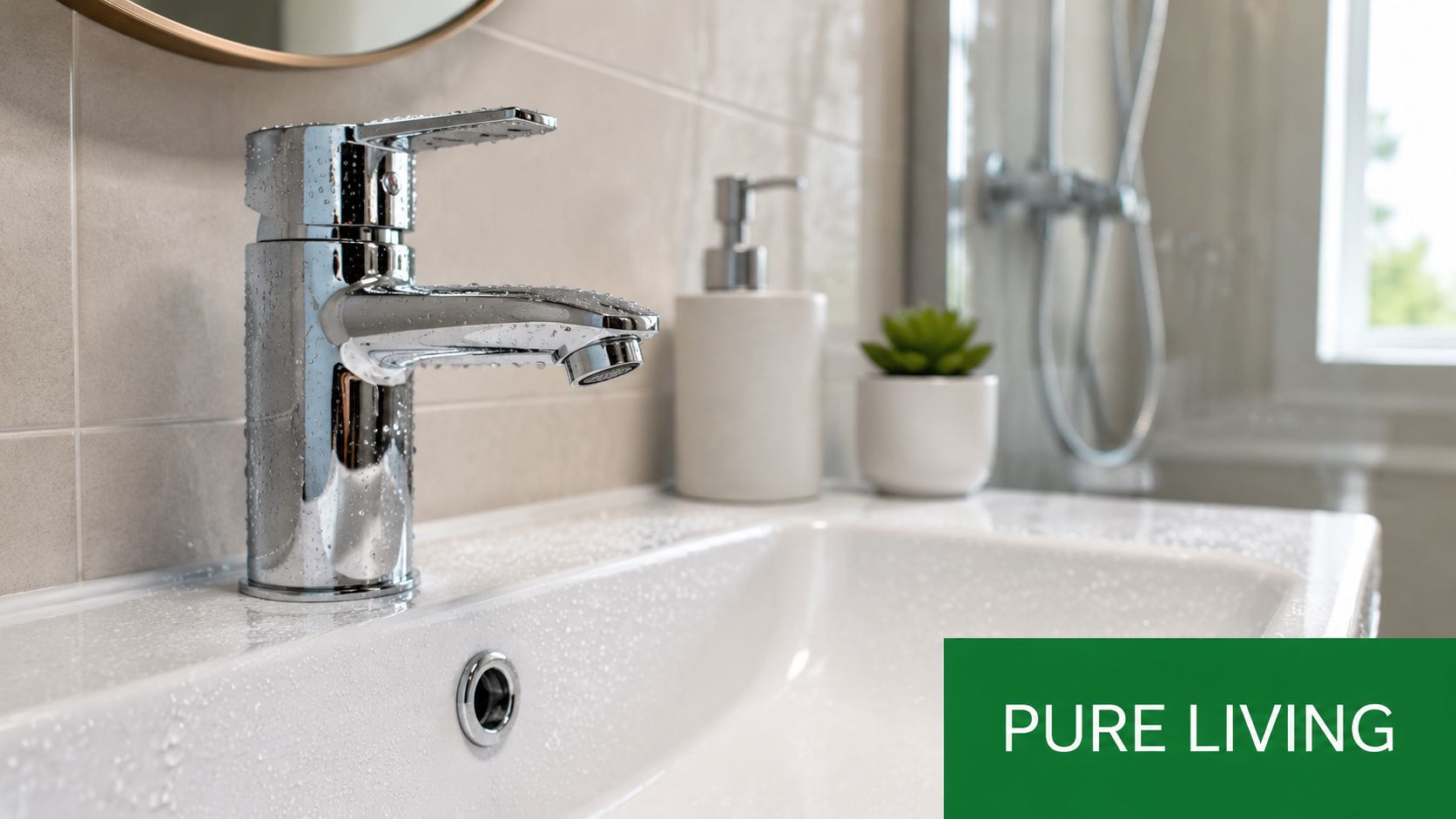 A modern chrome bathroom faucet with water droplets sitting on a clean white sink basin.