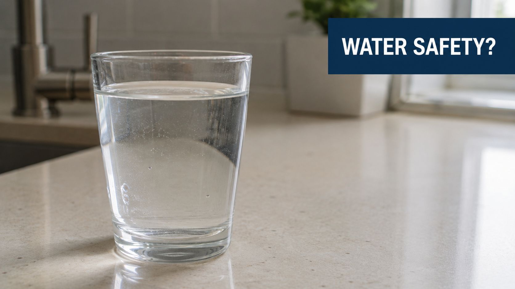 A glass of clear water on a kitchen countertop next to a faucet, questioning water safety.