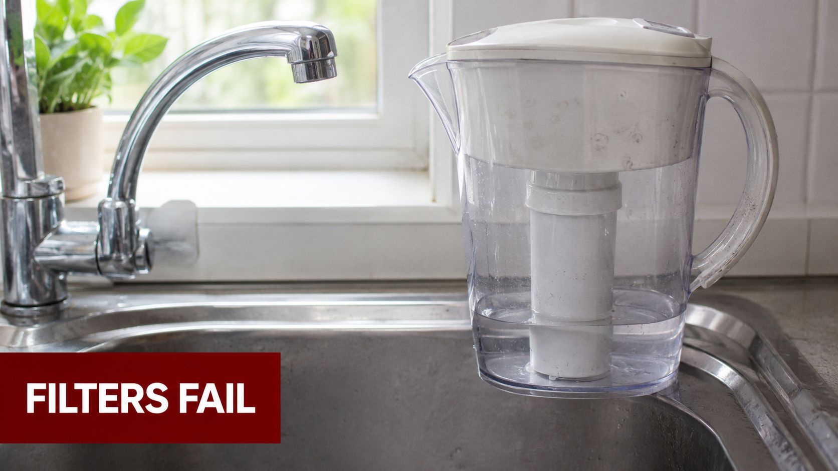 A water filter pitcher sits on the edge of a kitchen sink faucet by a window.