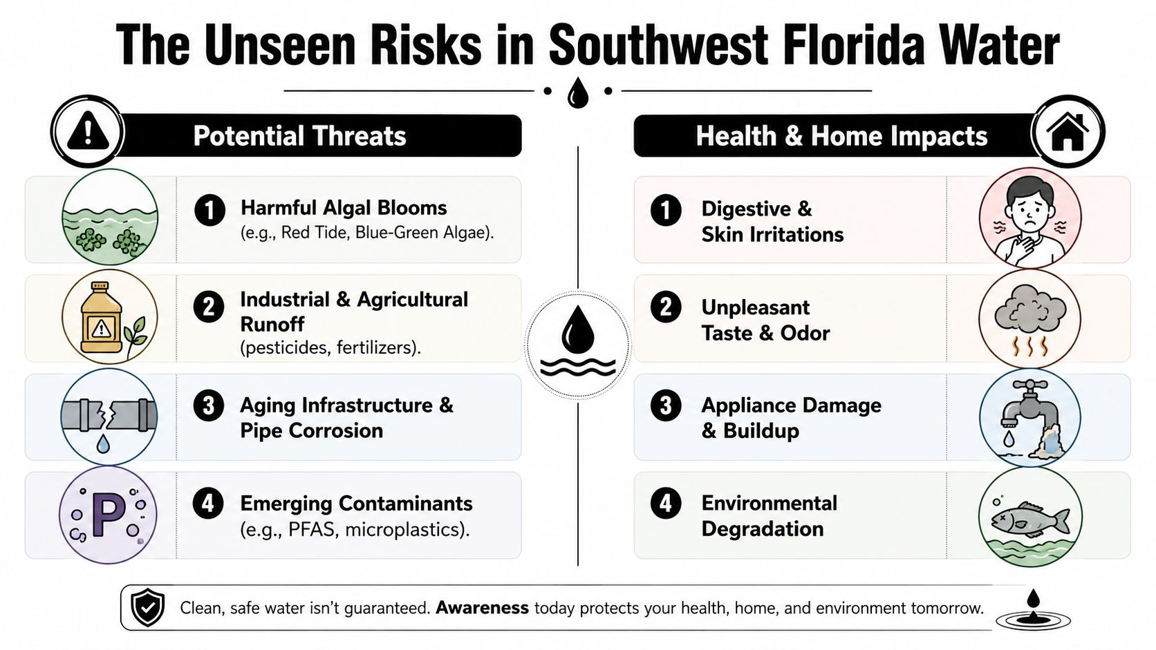 An infographic detailing potential water threats and health impacts in Southwest Florida, highlighting contaminants and damage.