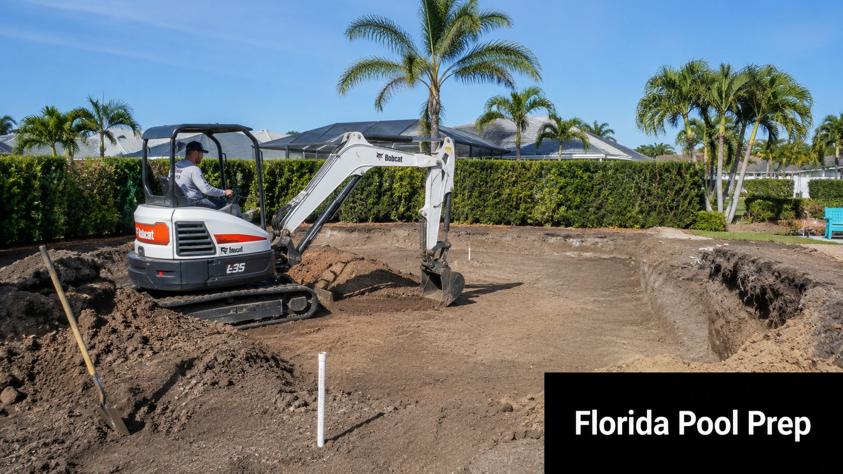 A construction worker operates a Bobcat excavator to dig a hole for a new swimming pool.