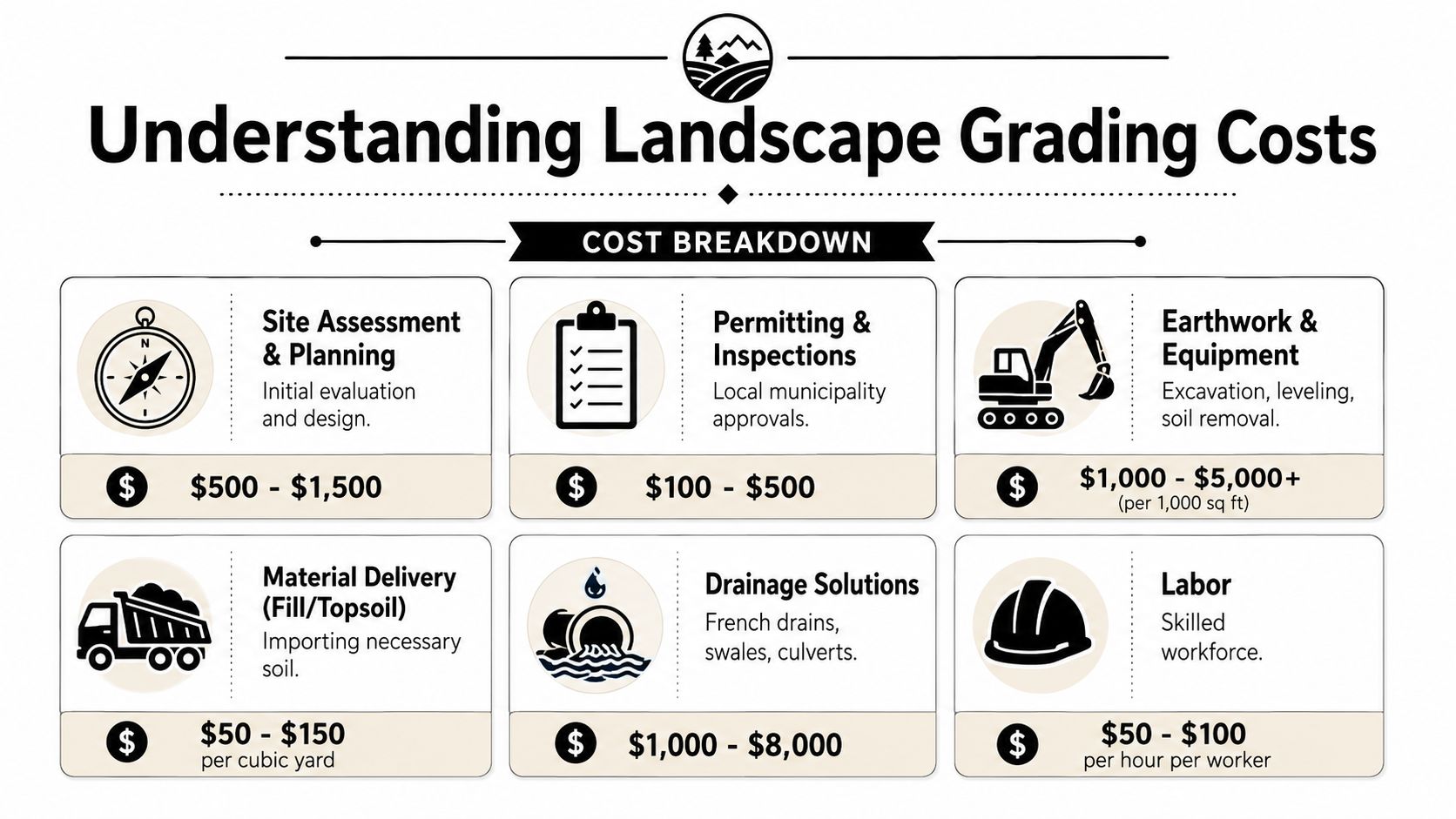 An infographic detailing the various cost factors involved in landscape grading and property leveling projects.