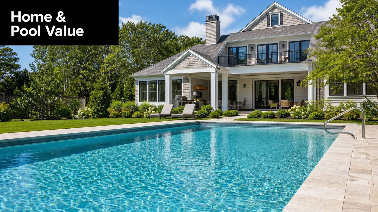 A luxurious two-story house with a large backyard, swimming pool, and pristine green landscaping on a sunny day.