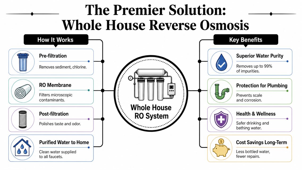 A diagram illustrating the process and benefits of installing a whole house reverse osmosis water filtration system.