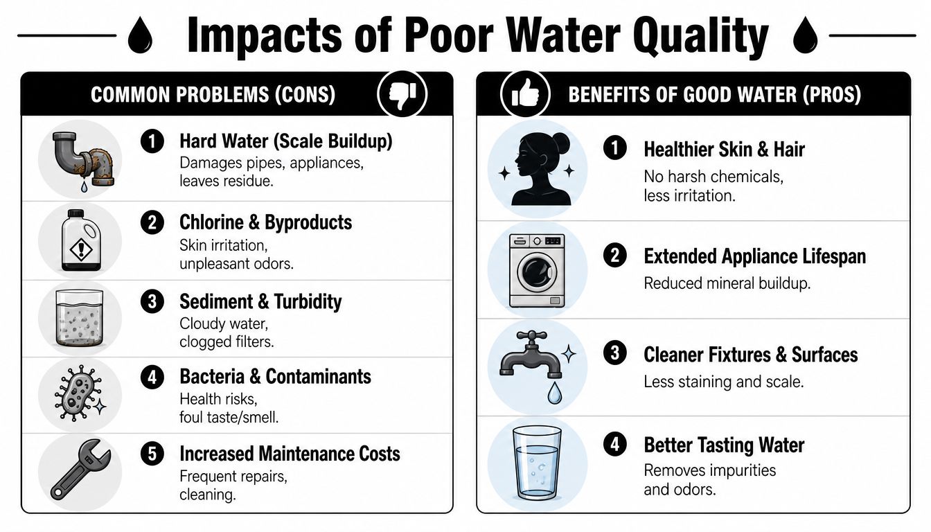 A comparison chart showing common water quality problems versus the benefits of using clean, filtered water.