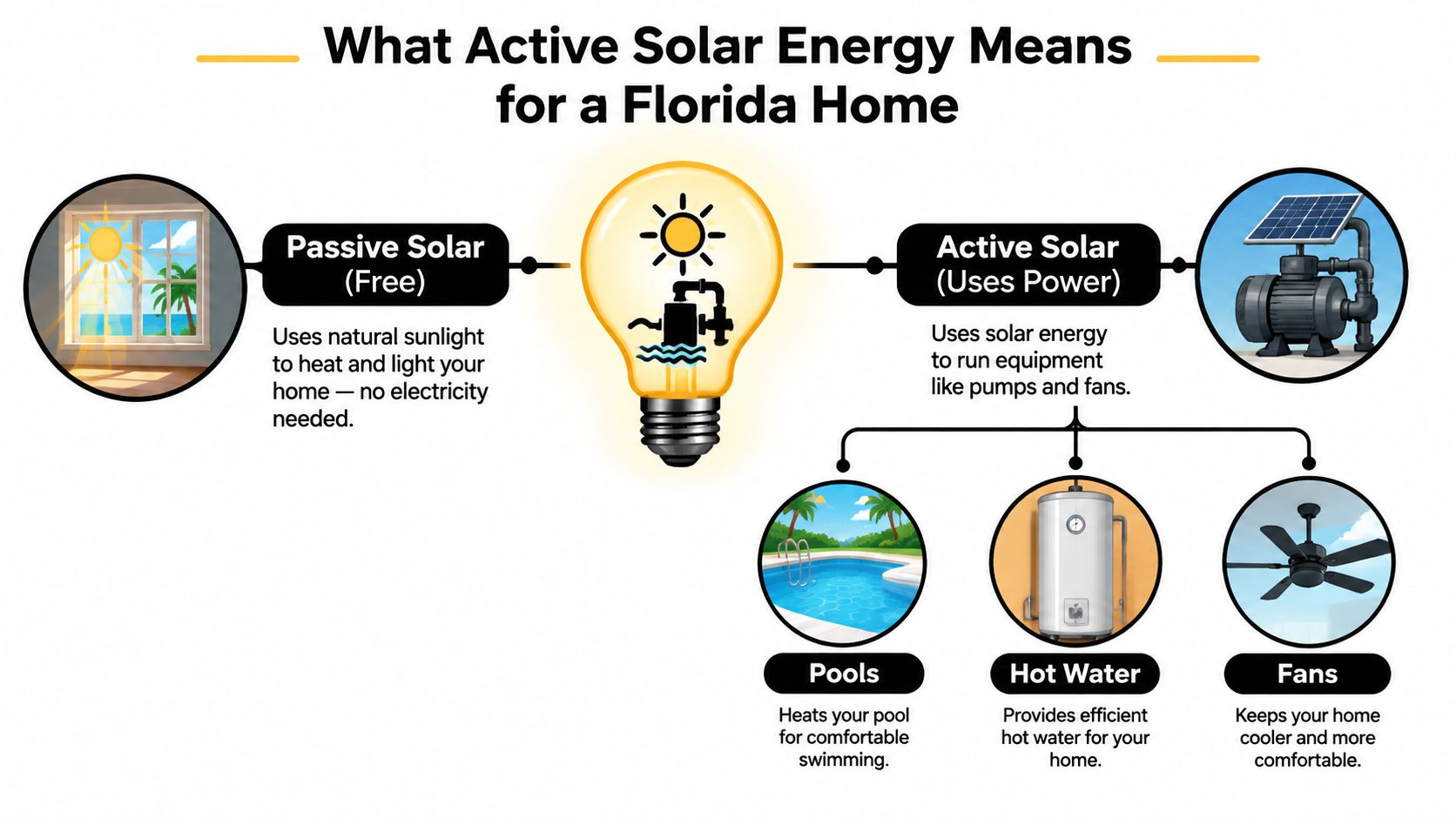 An infographic showing how passive and active solar energy power various home applications in Florida homes.