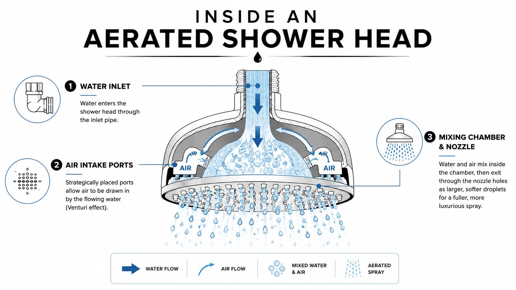 A diagram illustrating the internal mechanics of an aerated shower head and how it mixes air with water.