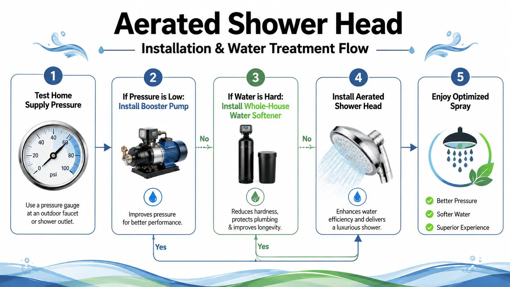 A flowchart demonstrating the installation process and water treatment steps for an aerated shower head system.