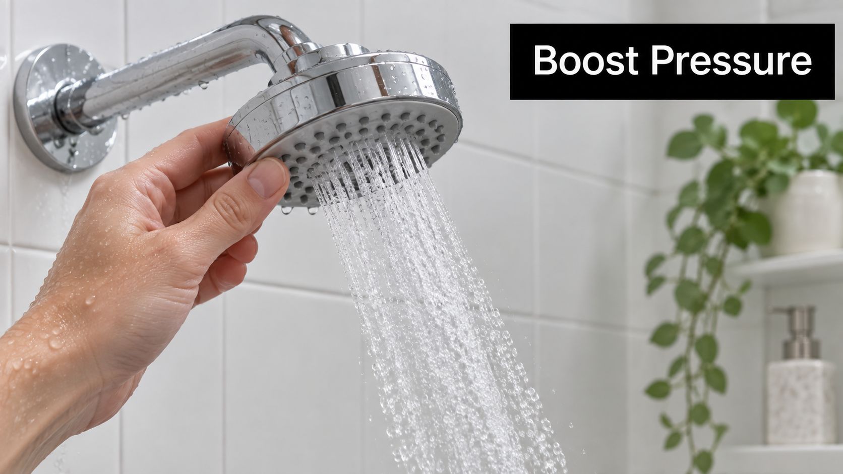 A hand holding a chrome shower head spraying water against a background of white tiles.