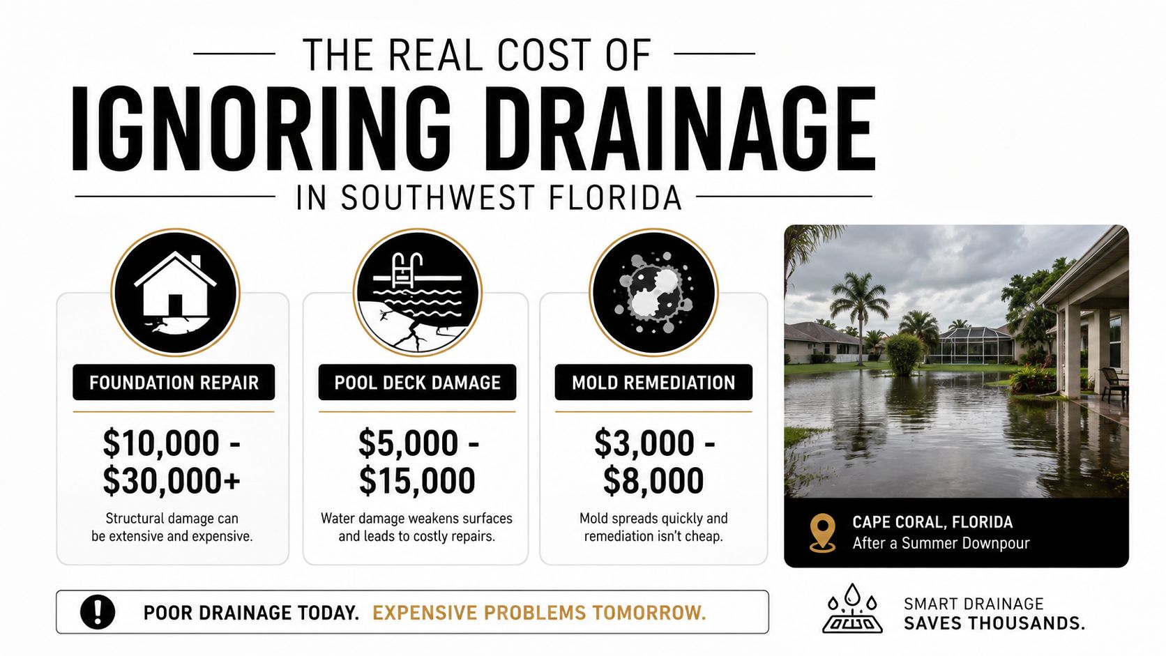 An infographic detailing the potential costs of poor drainage in Southwest Florida with examples of home damage.