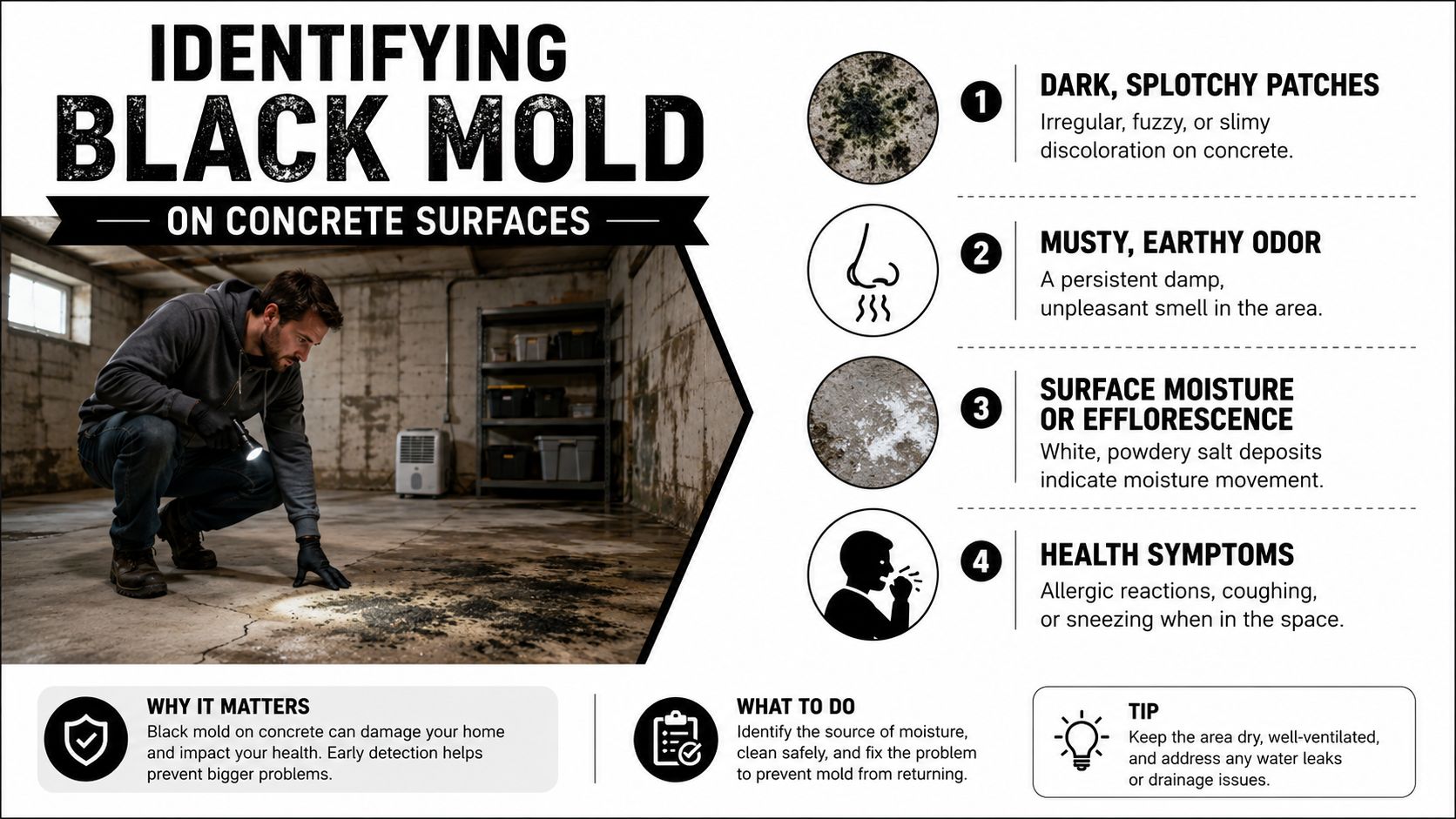An infographic showing four steps to identify black mold on concrete floors, including visual signs and health symptoms.
