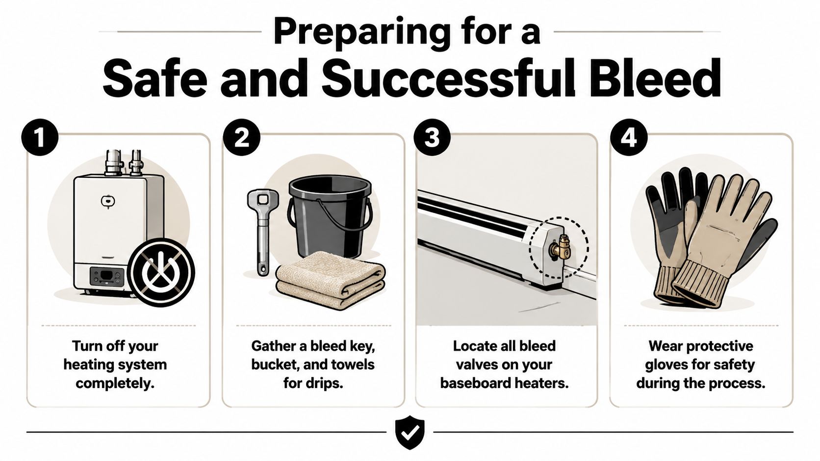 An infographic showing four essential steps to prepare for safely bleeding home baseboard heating radiators.