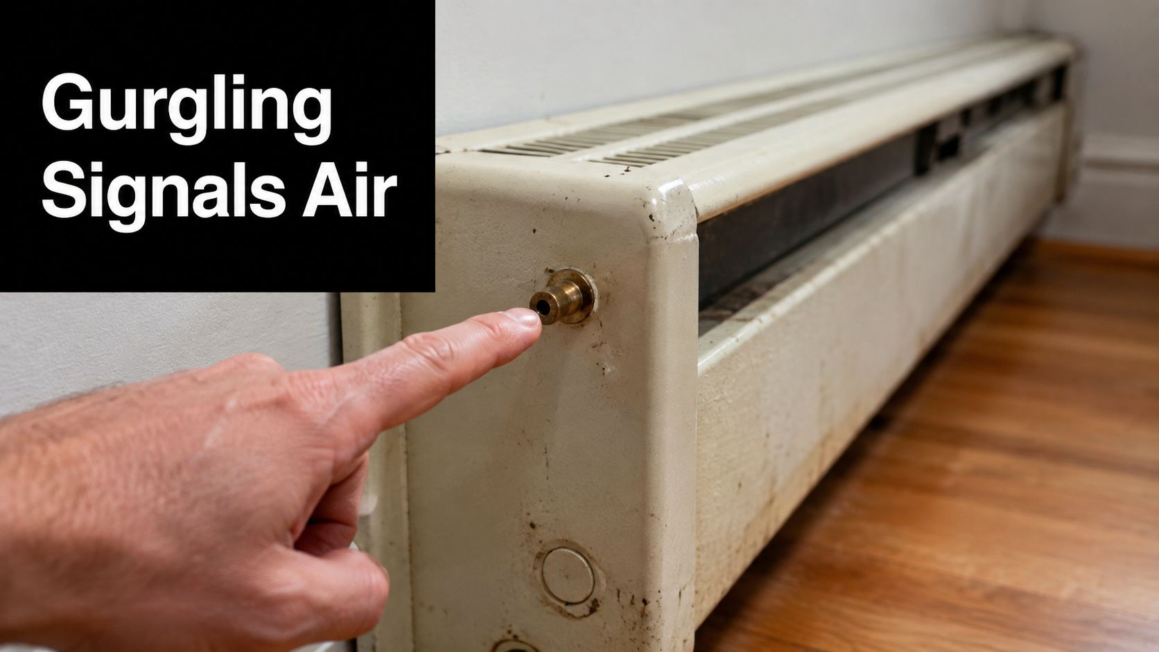 A hand pointing to the air bleed valve on a baseboard radiator for maintenance and troubleshooting.