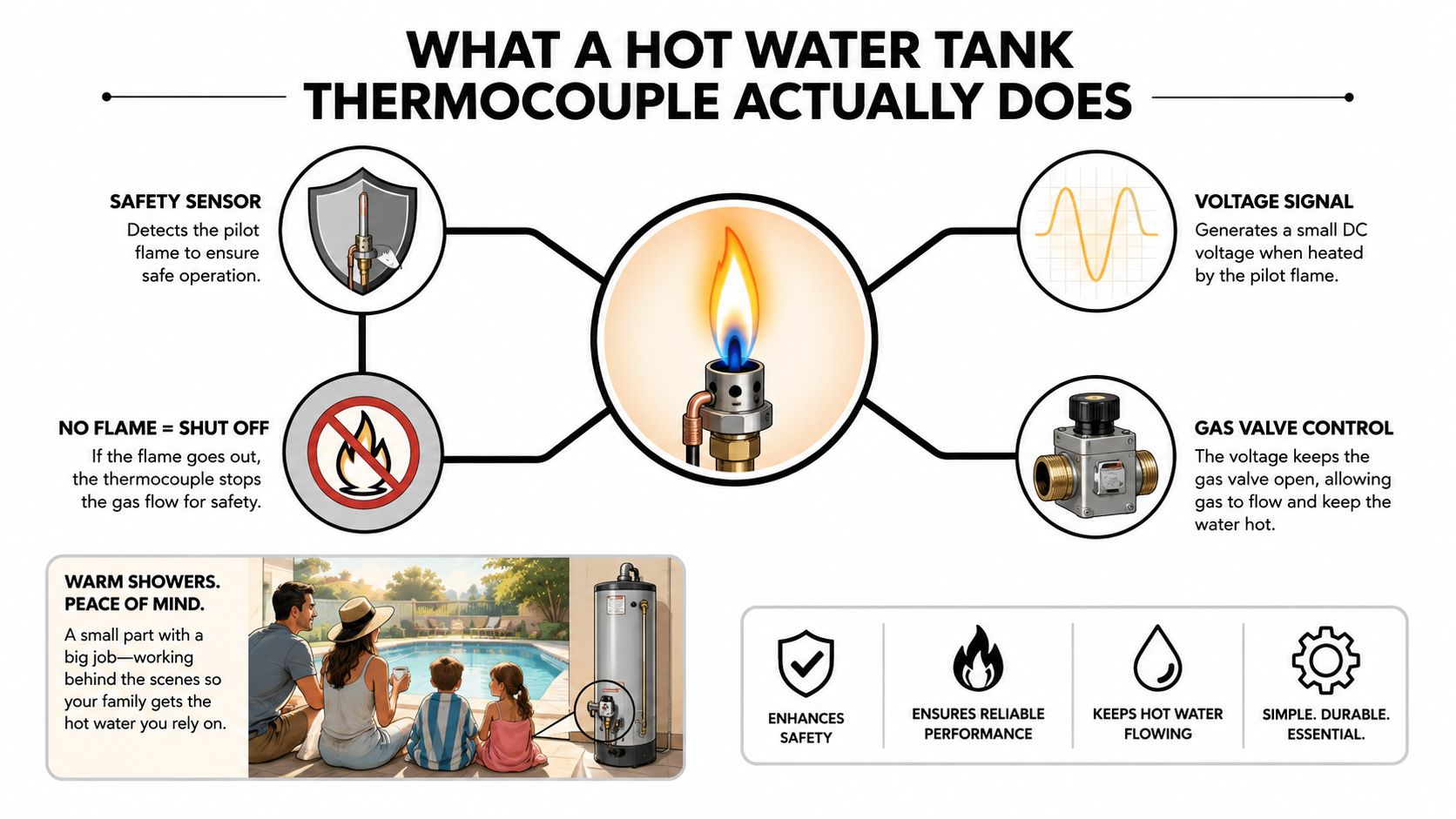 An infographic explaining how a hot water tank thermocouple functions as a safety sensor for gas burners.