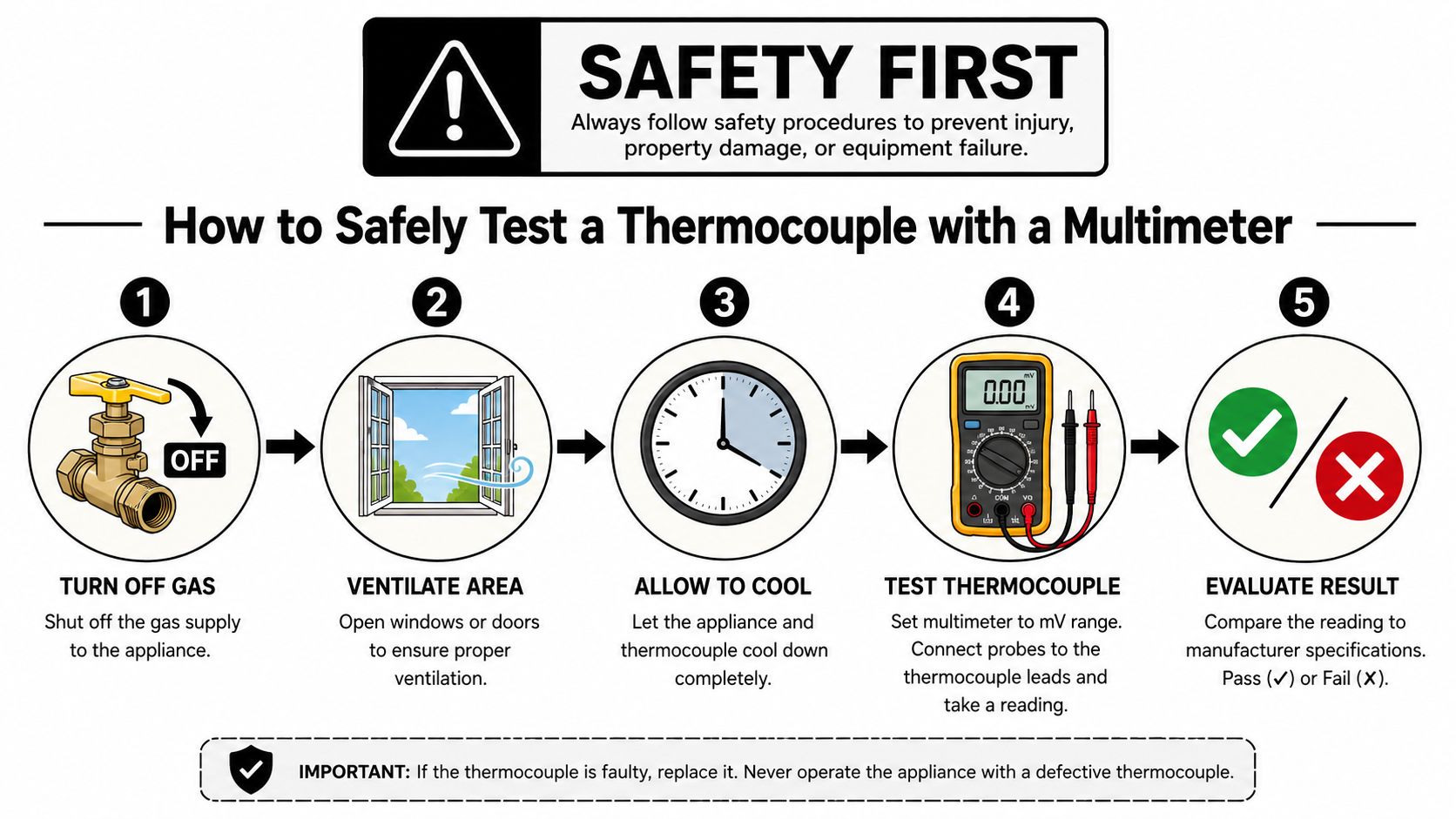 A safety infographic showing five steps to test a hot water tank thermocouple using a digital multimeter.