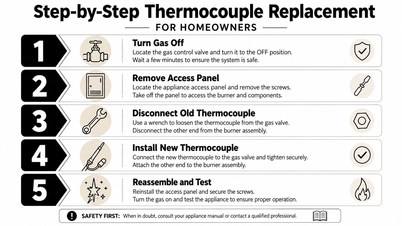 A five-step instructional infographic guide for homeowners on how to replace a gas appliance thermocouple safely.