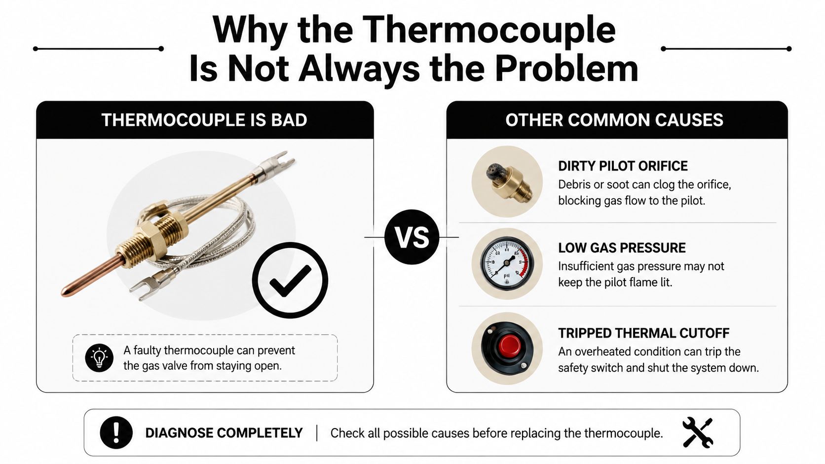 An infographic titled Why the Thermocouple Is Not Always the Problem comparing faulty thermocouples to other common heating issues.