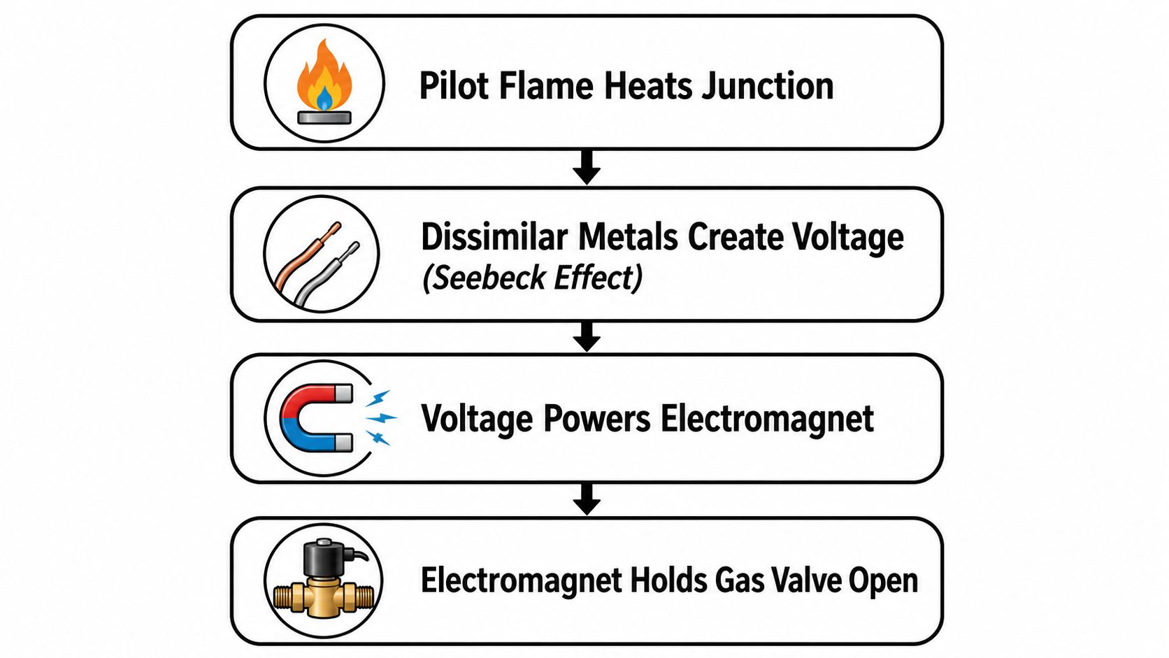 A flow chart illustrating how a thermocouple heats a junction to power an electromagnet and open a gas valve.