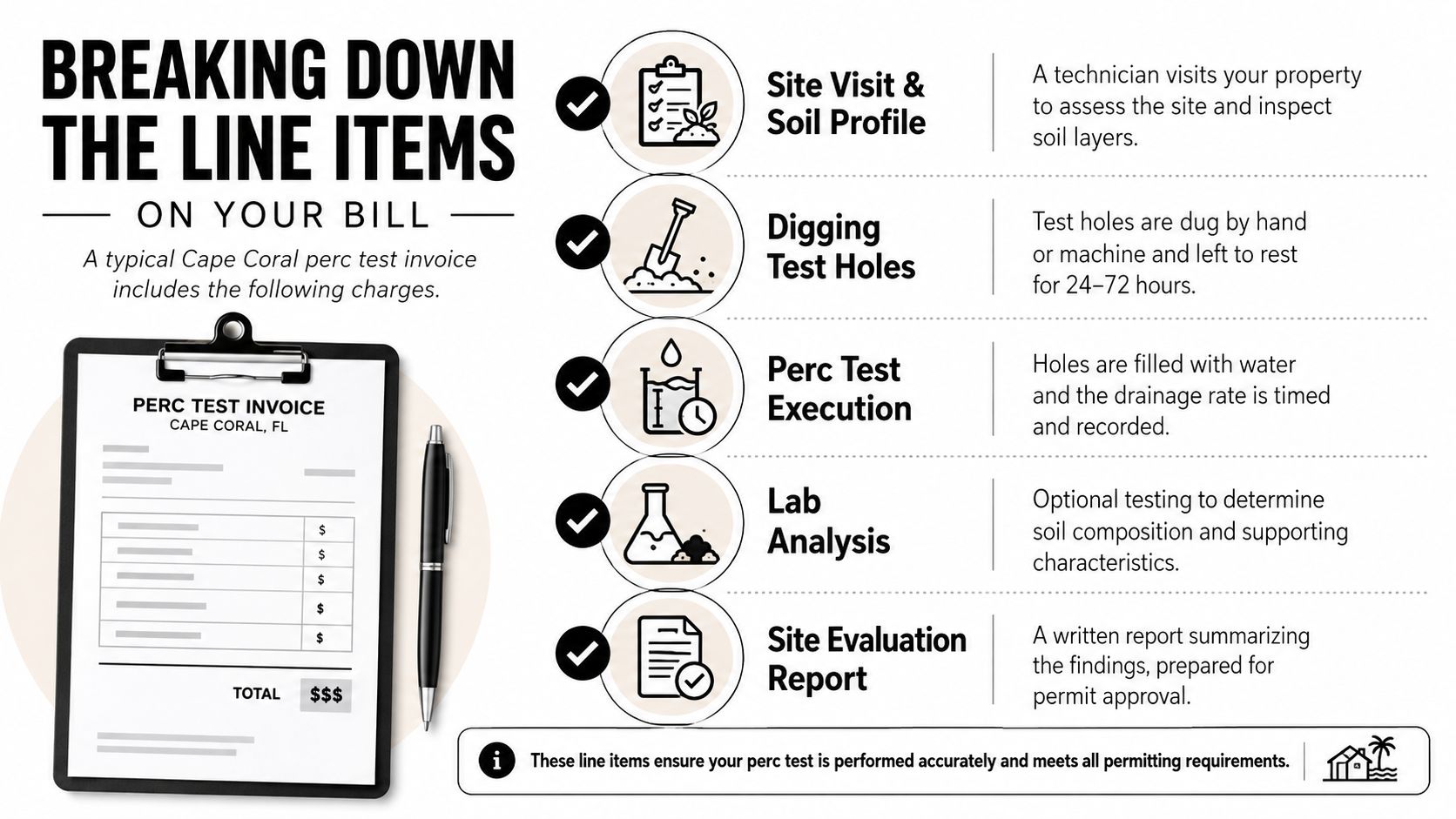 An infographic detailing the typical line items included in a professional perc test invoice for Cape Coral.