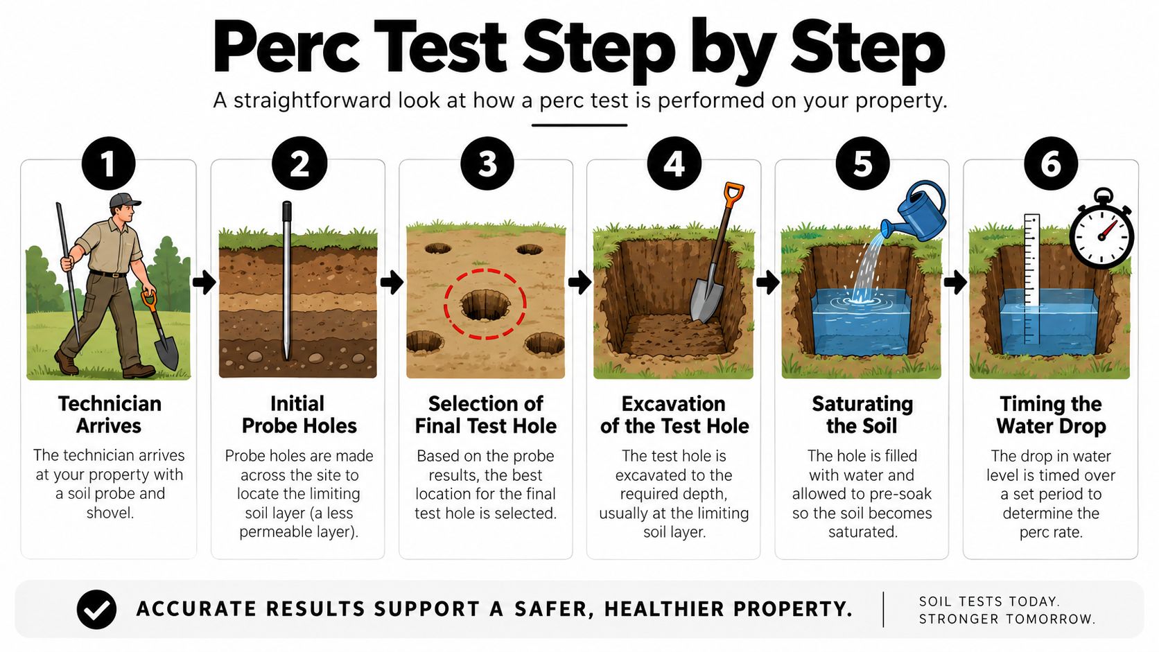A step-by-step infographic illustrating the six stages of conducting a property soil percolation test.