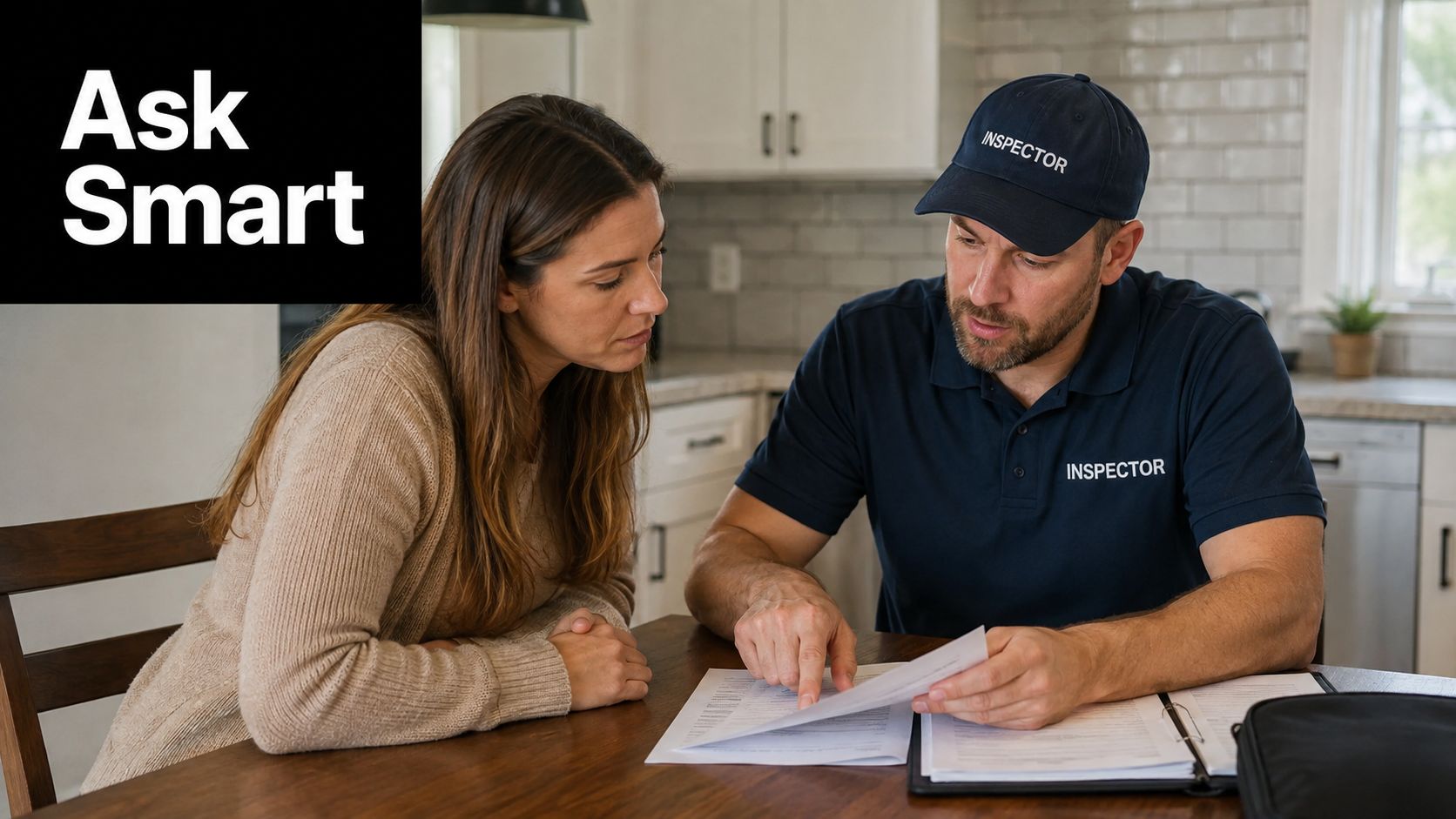 A professional home inspector explains a document to a woman while sitting at a dining table.