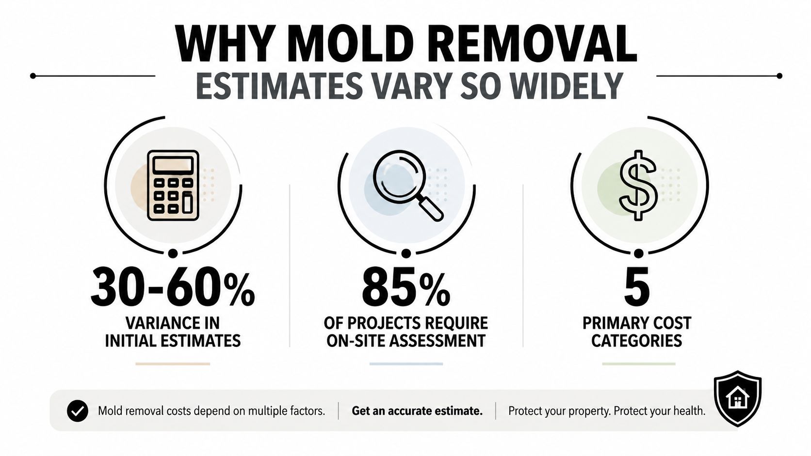 An infographic explaining why mold removal cost estimates vary, featuring a calculator, magnifying glass, and dollar sign.