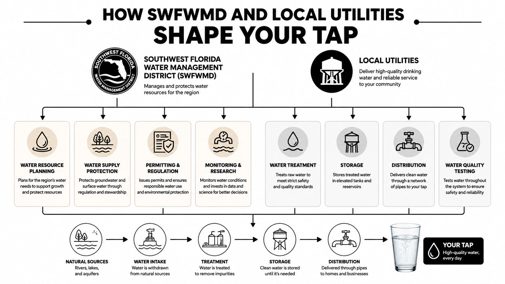 A diagram illustrating how Southwest Florida Water Management District and local utilities provide safe tap water.