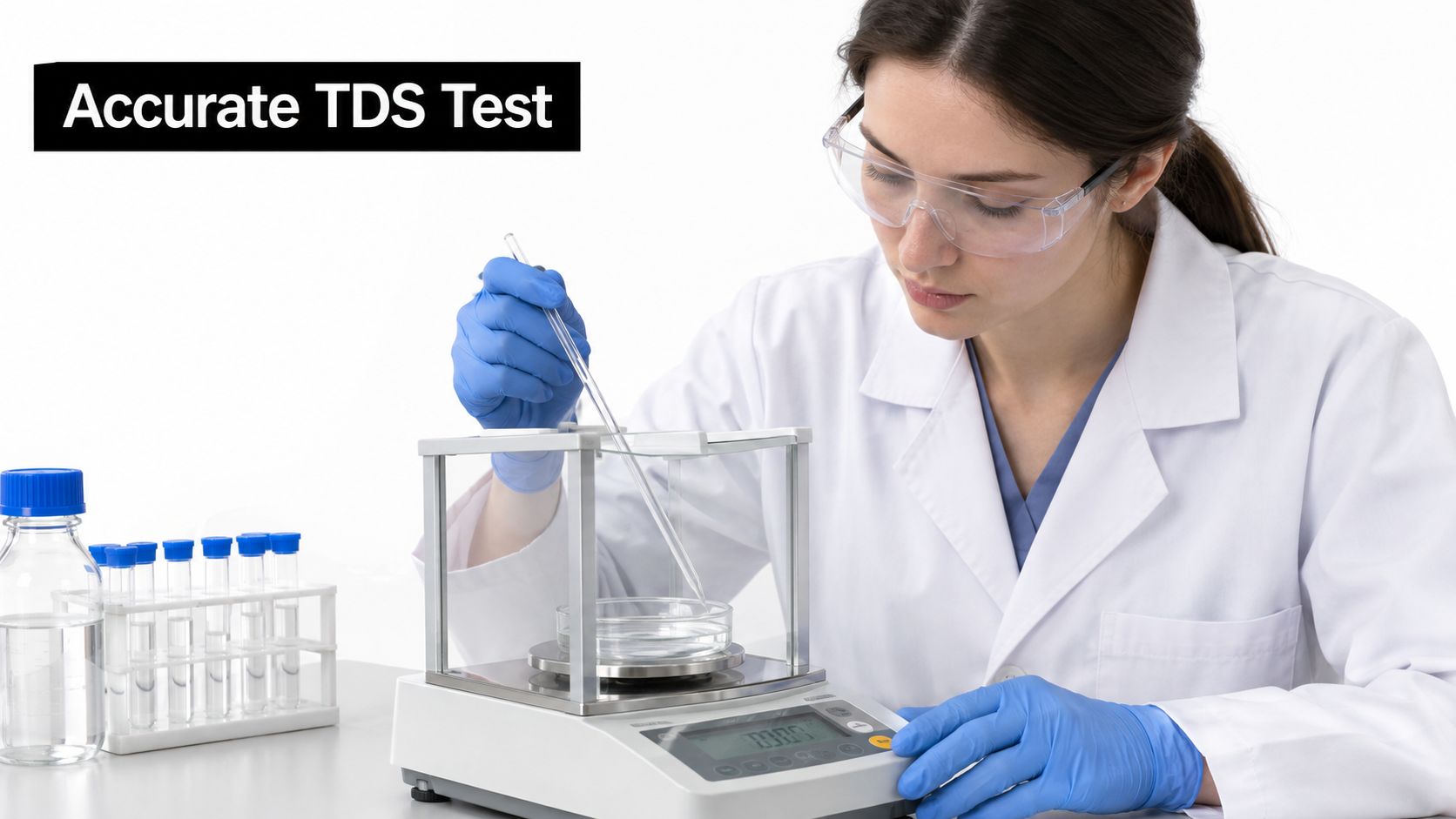 A scientist in a laboratory performing an accurate TDS test using a precision scale and pipette.