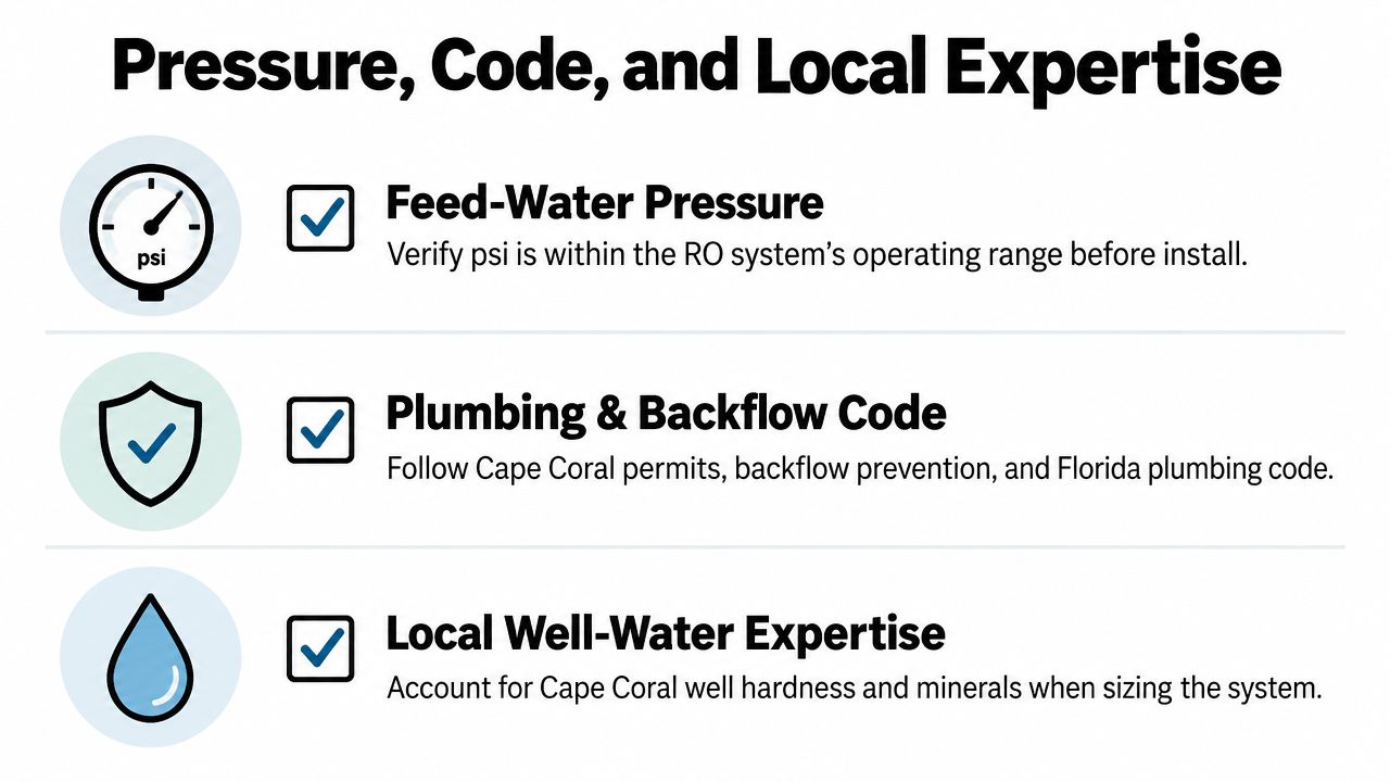 An infographic detailing the three essential steps for installing an RO system in Cape Coral homes.