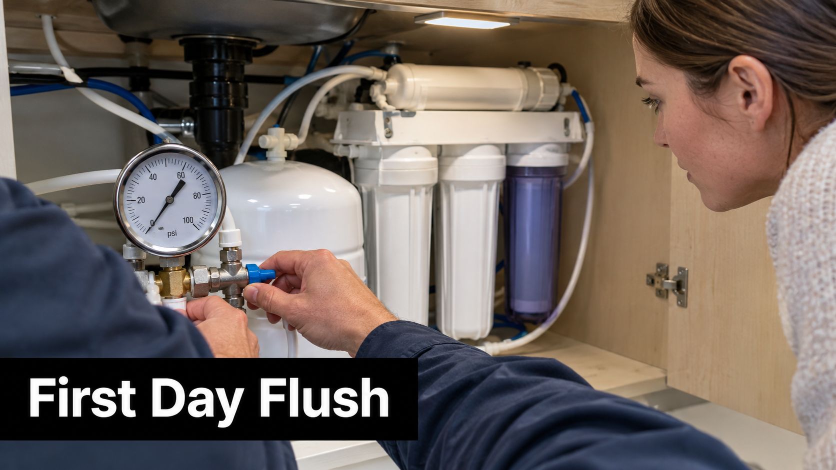 A professional technician and a woman inspect a newly installed reverse osmosis water filtration system.