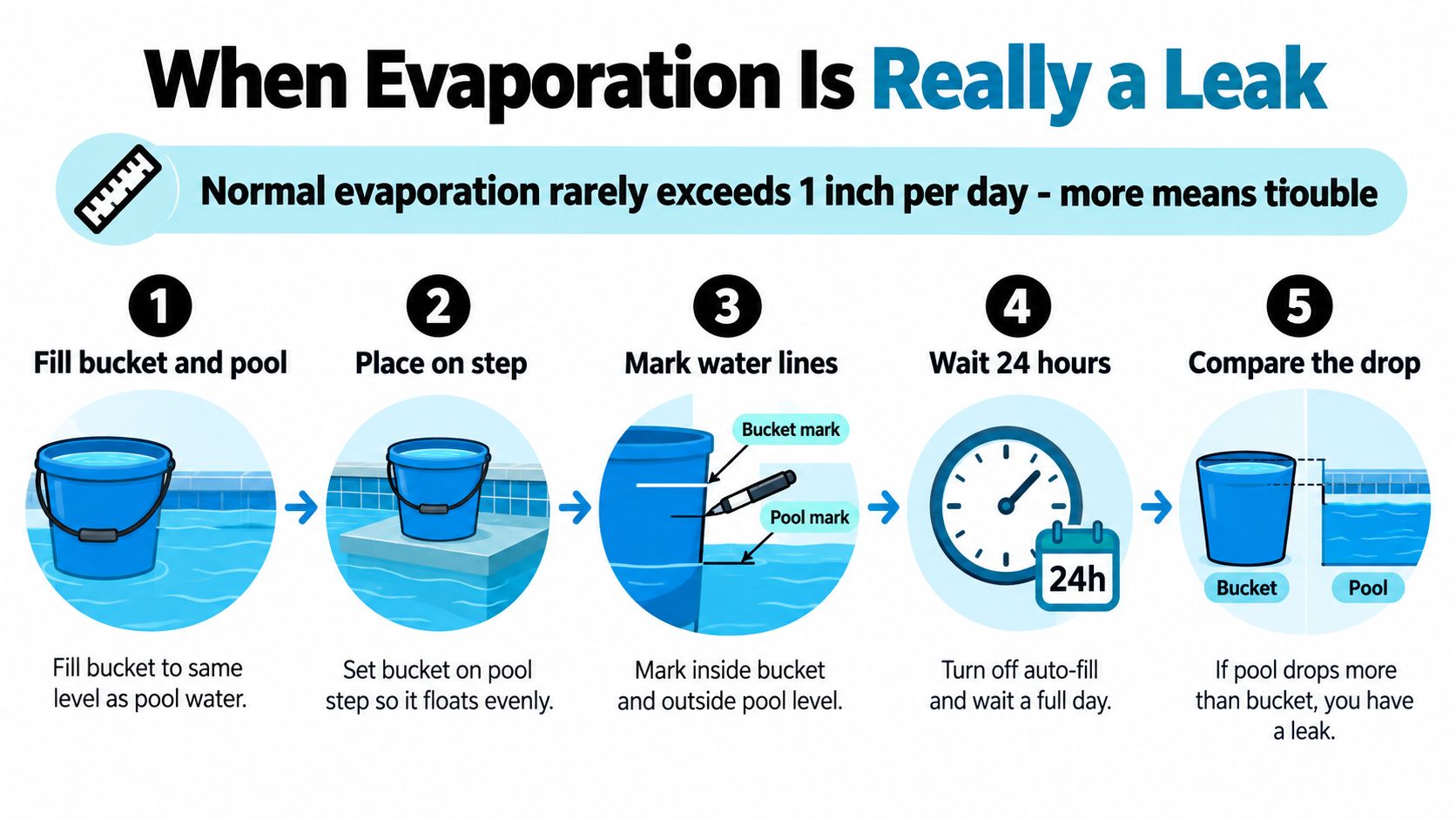 An instructional diagram demonstrating how to test for a pool leak by comparing water levels in a bucket.