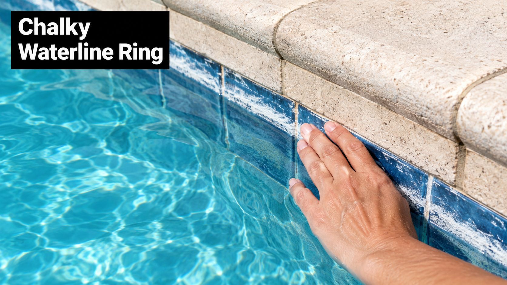 A close-up view of a person touching a pool waterline with white chalky calcium scale buildup.