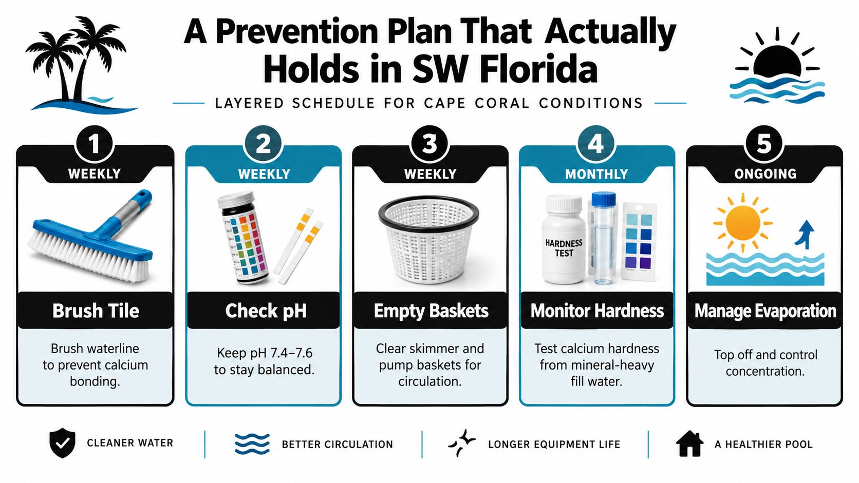 An infographic detailing a five-step pool maintenance prevention plan for preventing scale in Cape Coral, Florida.